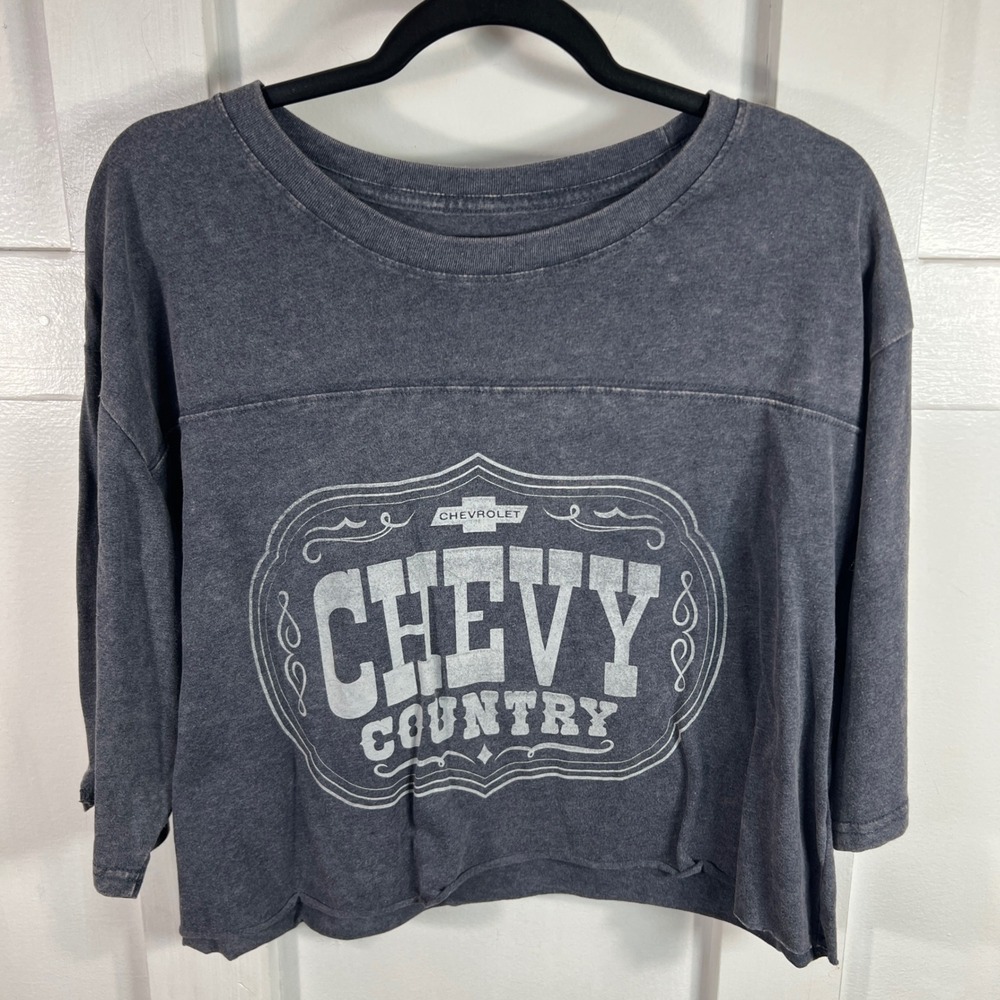 NWT Chevrolet Chevy Country Women's L Gray Mineral Wash Cropped Graphic T-Shirt